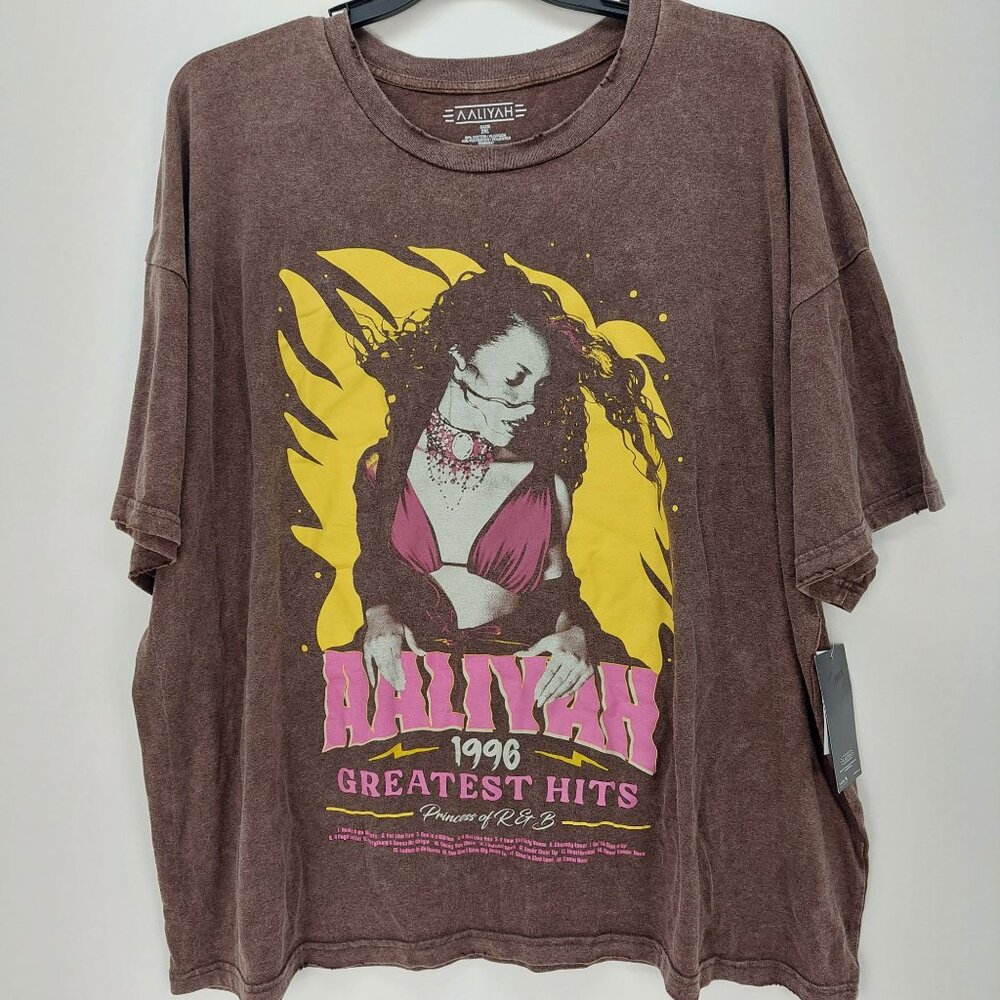 NWT Aaliyah Greatest Hits 1996 Brown Graphic T-Shirt Distressed-Washed Look 2XL